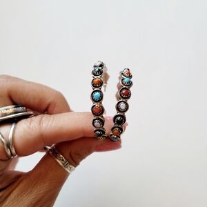 Multi Stone Hoop Earrings Sterling Silver Native American Handmade